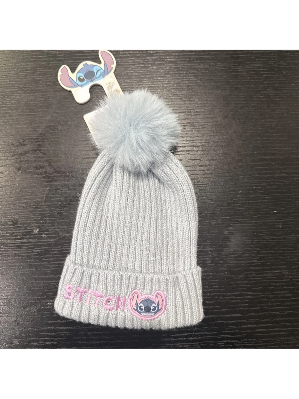 Disney Light Gray Stitch Pom Pom Knit Beanie with Pink Embroidery